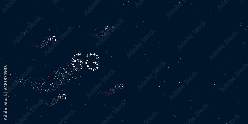 A 6G symbol filled with dots flies through the stars leaving a trail behind. Four small symbols around. Empty space for text on the right. Vector illustration on dark blue background with stars