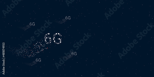 A 6G symbol filled with dots flies through the stars leaving a trail behind. Four small symbols around. Empty space for text on the right. Vector illustration on dark blue background with stars