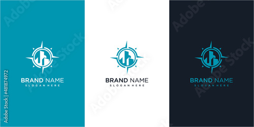 blue building compass logo design template. building target for your business logo