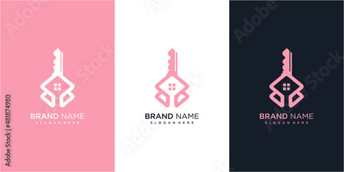 house key logo design concept in pink color. key house logo design template