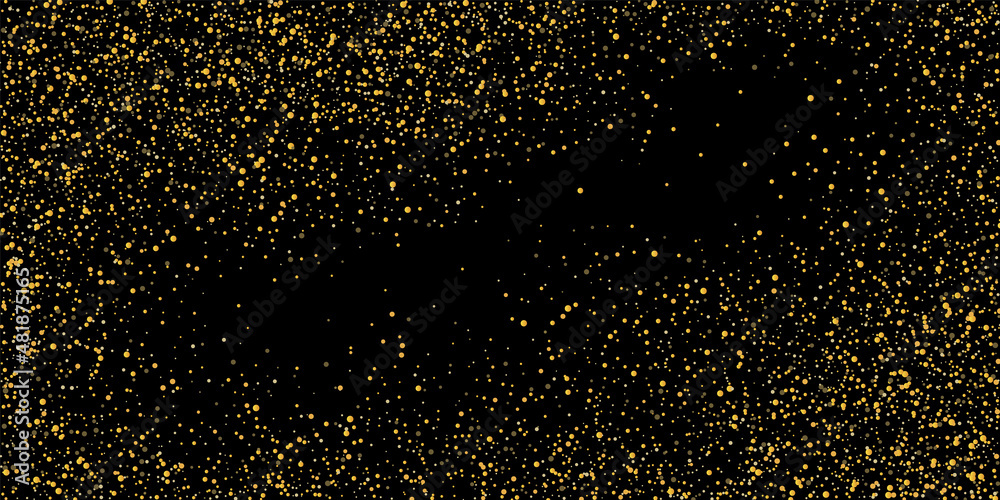 Gold glitter confetti on a black background. Shiny sand particles are scattered. Decorative items. Luxury background for your design, greeting cards, invitations, vector