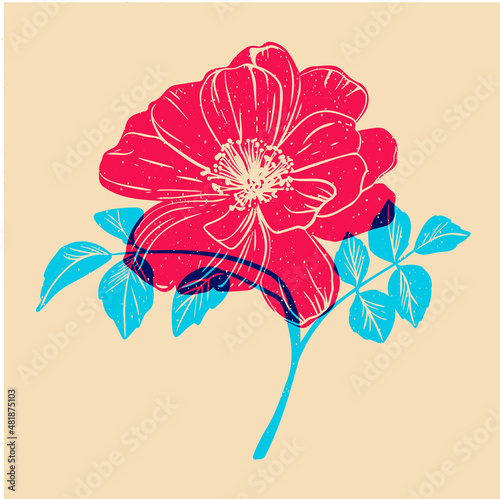 Beautiful flowers. Colorful cute screen printing effect. Riso print effect. Vector illustration. Graphic element  for fabric, textile, clothing, wrapping paper, wallpaper