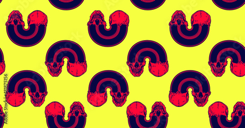 Vector colorful seamless pattern of red skull in a arch deformation on yellow background.