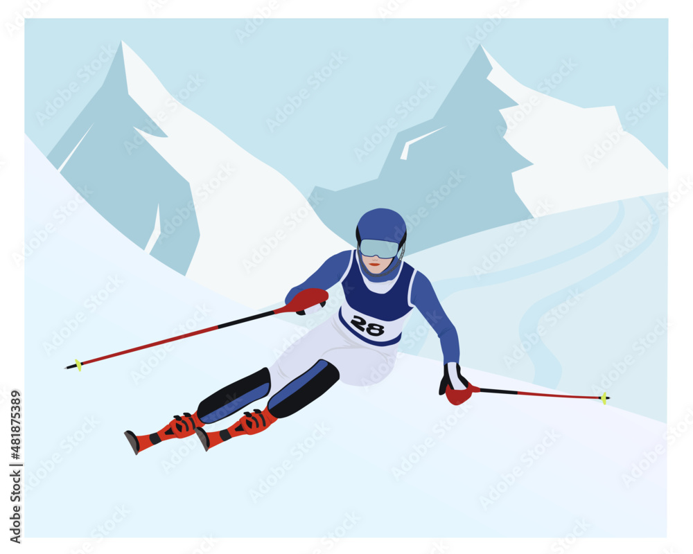  alpine skiing in the mountains. Vector illustration. Winter olympic sport. - obrazy, fototapety, plakaty 