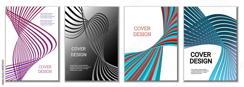 A set of 4 abstract covers. Wavy parallel gradient lines, ribbons evolve. Cover design, background. Trendy banner, poster. A set of 4 abstract covers. Wavy parallel gradient lines, ribbons evolve. Cover design, background. Trendy banner, poster.