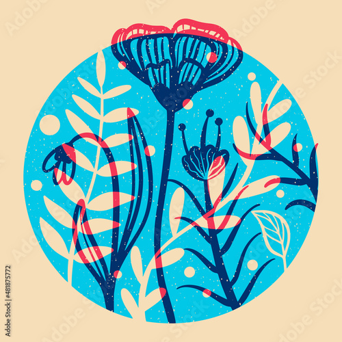 Beautiful flowers. Colorful cute screen printing effect. Riso print effect. Vector illustration. Graphic element  for fabric, textile, clothing, wrapping paper, wallpaper photo