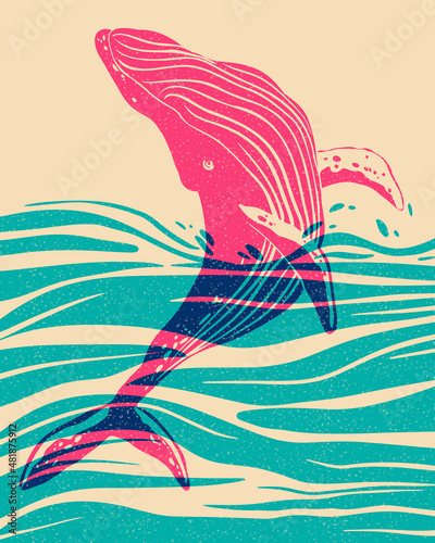 A large whale jumps out of the water. Colorful cute screen printing effect. Riso print effect. Vector illustration. Graphic element  for fabric, textile, clothing, wrapping paper, wallpaper, poster. 