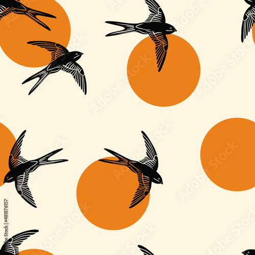 Black Flying swallows. Soft Seamless vector pattern 