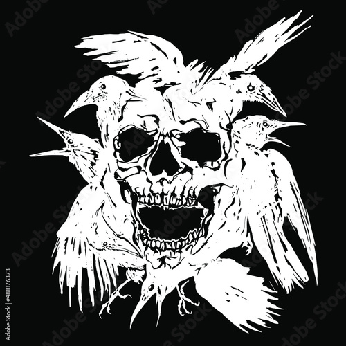 Vector illustration of hand drawn white crows with a screaming skull inside them.