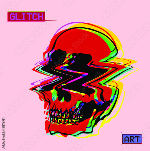 Vector flat minimalist illustration of red and color glitched line screaming skull in CMYK color mode offset in minimalist tattoo style.