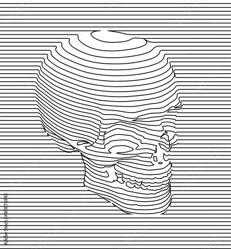 Vector black and white illustration of line art skull on continuous horizontal line pattern background.