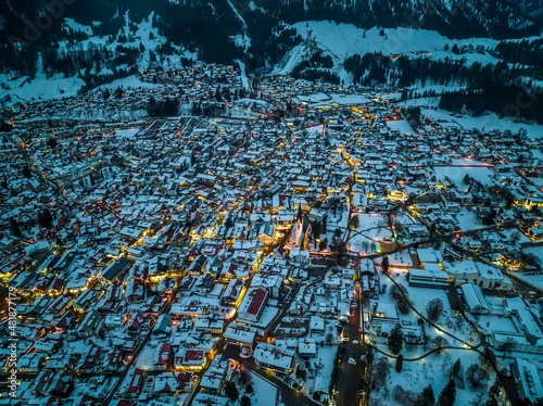 Aerial view  Oberstdorf in winter  Illertal  Allg  u Alps  Allg  u  Bavaria  Germany 