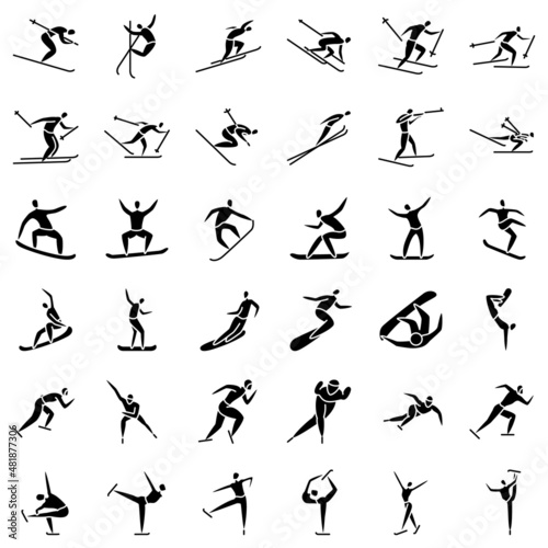 Winter sports, Olympic sports in winter. Speed skating, springboard, cross-country skiing, biathlon. Skiing, skating, snowboarding, figure skating. Set of vector icons, glyph, silhouette, isolated