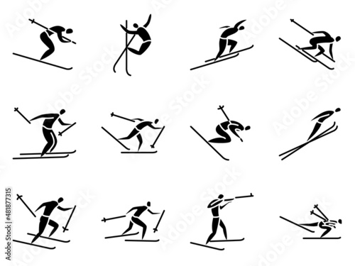 Winter sports, Olympic sports in winter. Biathlon, cross-country skiing, springboard, freestyle, downhill. Set of vector icons, glyph, silhouette, isolated