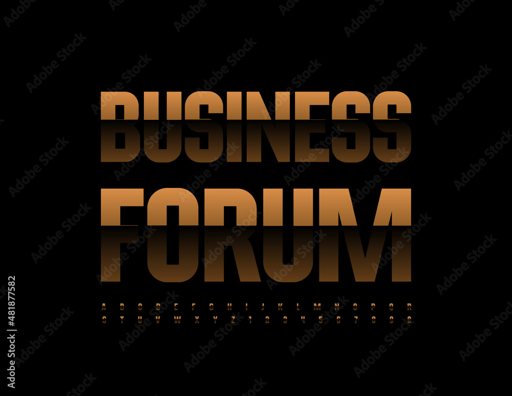 Vector elite logo Business Forum. Dark Gold Font. Glossy luxury Alphabet Letters and Numbers set