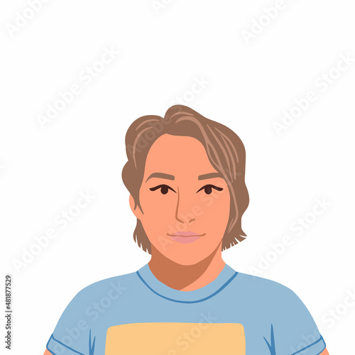 A young tanned girl with short hair in a blue t-shirt. Happy people avatars. Head portrait. Colored flat vector illustration