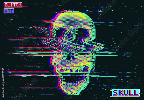 Vector GLITCH ART screaming skull illustration in the style of old TV and VHS and RGB mode corrupted graphics signal on black background.