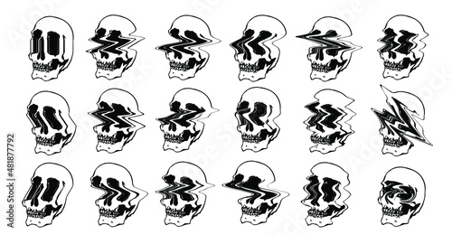 Vector set illustration of 18 different digital glitched skulls in many ways.