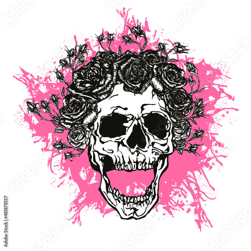 Vector illustration of black and white screaming skull with crown of roses and buds on splatter pink blot, isolated on white background.