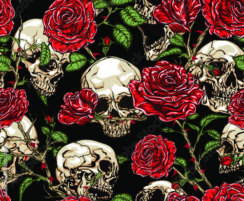 Seamless vector pattern of skulls and red roses with stems, leaves, buds and thorns tangled on black background.
