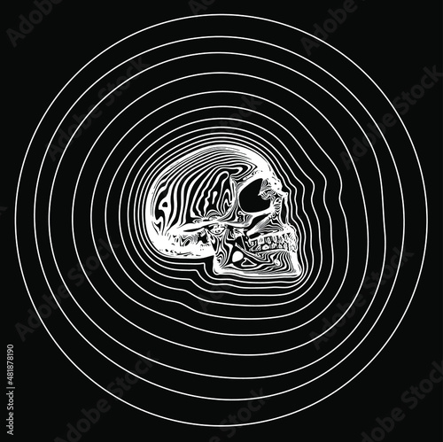 Vector white line skull on black background with white water ripple rings in circle.