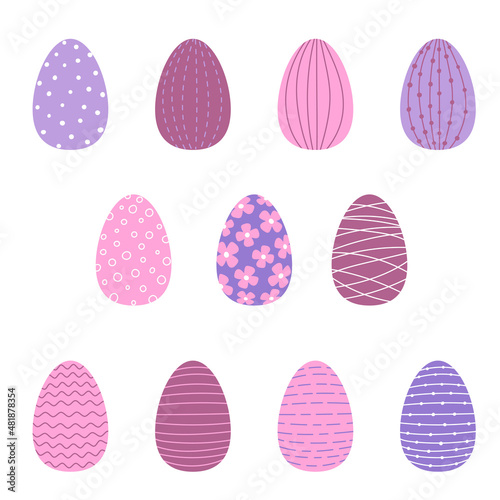 Set of decorated Easter eggs in purple, blue and pink colors. For greeting cards, posters, invitations, web sites, posts in social media, phone and tablet custom wallpapers, stickers in messengers