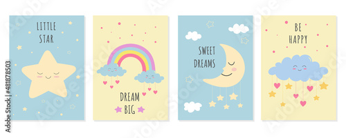 Set of cute posters with sleepy moon and star, smiling clouds. Template for baby shower, greeting card, nursery poster, print. 
