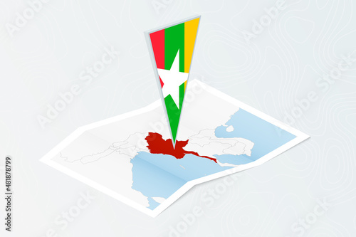 Isometric paper map of Myanmar with triangular flag of Myanmar in isometric style. Map on topographic background. photo
