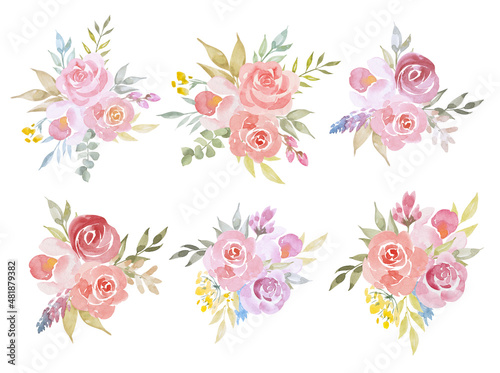 Watercolor Spring, summer wreath of wild rose flowers and buds big set. Meadow blossom wildflowers. Wedding invitation frame, birthday card design. hand painted isolated elements on white background. © NastiyaMaki