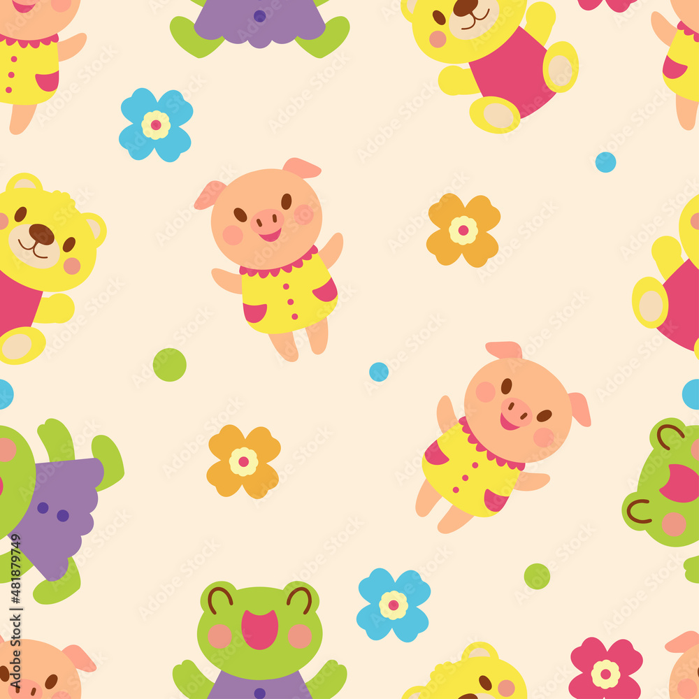Seamless vector  pattern with cute pigs, frogs bears character. Cute vector illustration for kids. Perfect print for fabric, textile, wallpaper, poster, postcard and gift wrapping. Pastel colors
