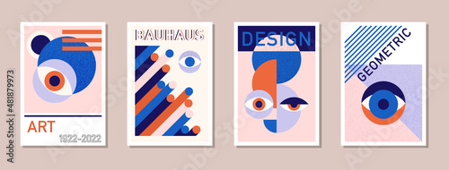 Abstract modern Bauhaus posters. Minimal Swiss retro art design paintings templates with geometric shapes, eyes. Vector illustration in simple vintage postmodernism for business brochure, certificate