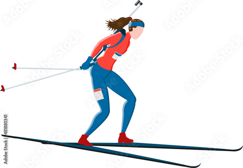 Women biathlon athlete skiing with a rifle behind, vector illustration