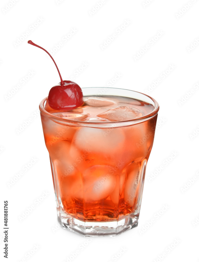 Glass of Manhattan cocktail with cherry and ice on white background Glass of Manhattan cocktail with cherry and ice on white background
