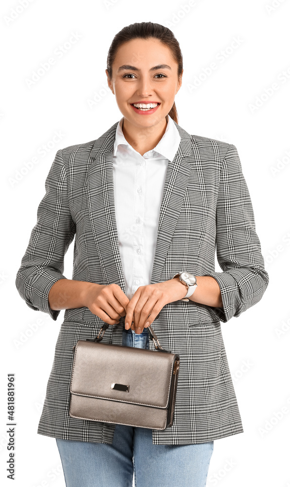Pretty businesswoman with bag on white background Pretty businesswoman with bag on white background