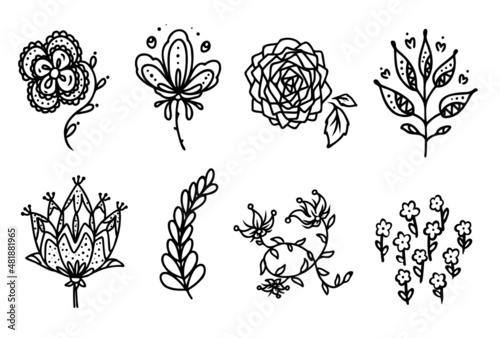 Set of ornament flowers and plants. Line art, outline. Hand drawn style. Vector illustration. Idea for decoration and more