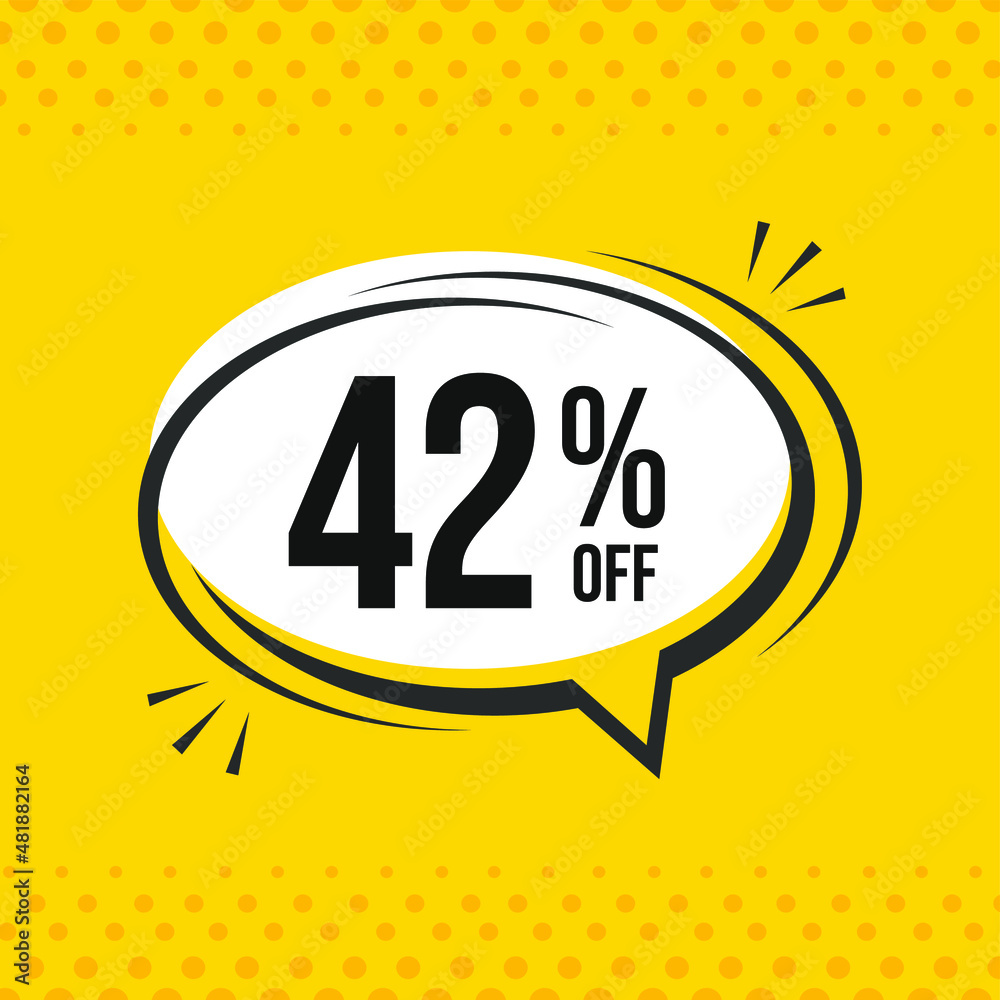 42% off. Discount vector emblem for sales, labels, promotions, offers, stickers, banners, tags and web stickers. New offer. Discount emblem in black and white colors on yellow background. 42% off. Discount vector emblem for sales, labels, promotions, offers, stickers, banners, tags and web stickers. New offer. Discount emblem in black and white colors on yellow background.