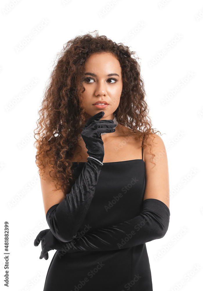 Elegant young woman in evening dress and stylish gloves on white background Elegant young woman in evening dress and stylish gloves on white background