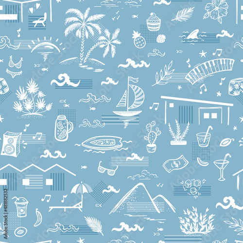 Summer Vacation Theme Vector Blue White Seamless Pattern. California Architecture, Nature. Holiday homes, sea, sailboat, surfing, waves, beach, palm trees, hills, plants, food, drinks, leisure items