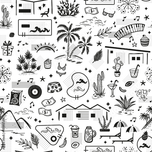 Vector Summer Vacation Black White Seamless Pattern. Palm Springs, California architecture and nature. Holiday homes, pools, beach, palm trees, hills, tropical plants, food, drinks, other leisure item