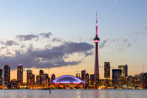 Cityscape of Toronto, Canada, at dusk, looking towards CN Tower and downtown photo