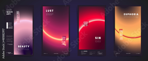 japanese meaning - beauty, lust, sin, euphoria. Social story post template set with neon modern gradient. Red, yellow cover card design set for technology corporate business poster, decor, web, print