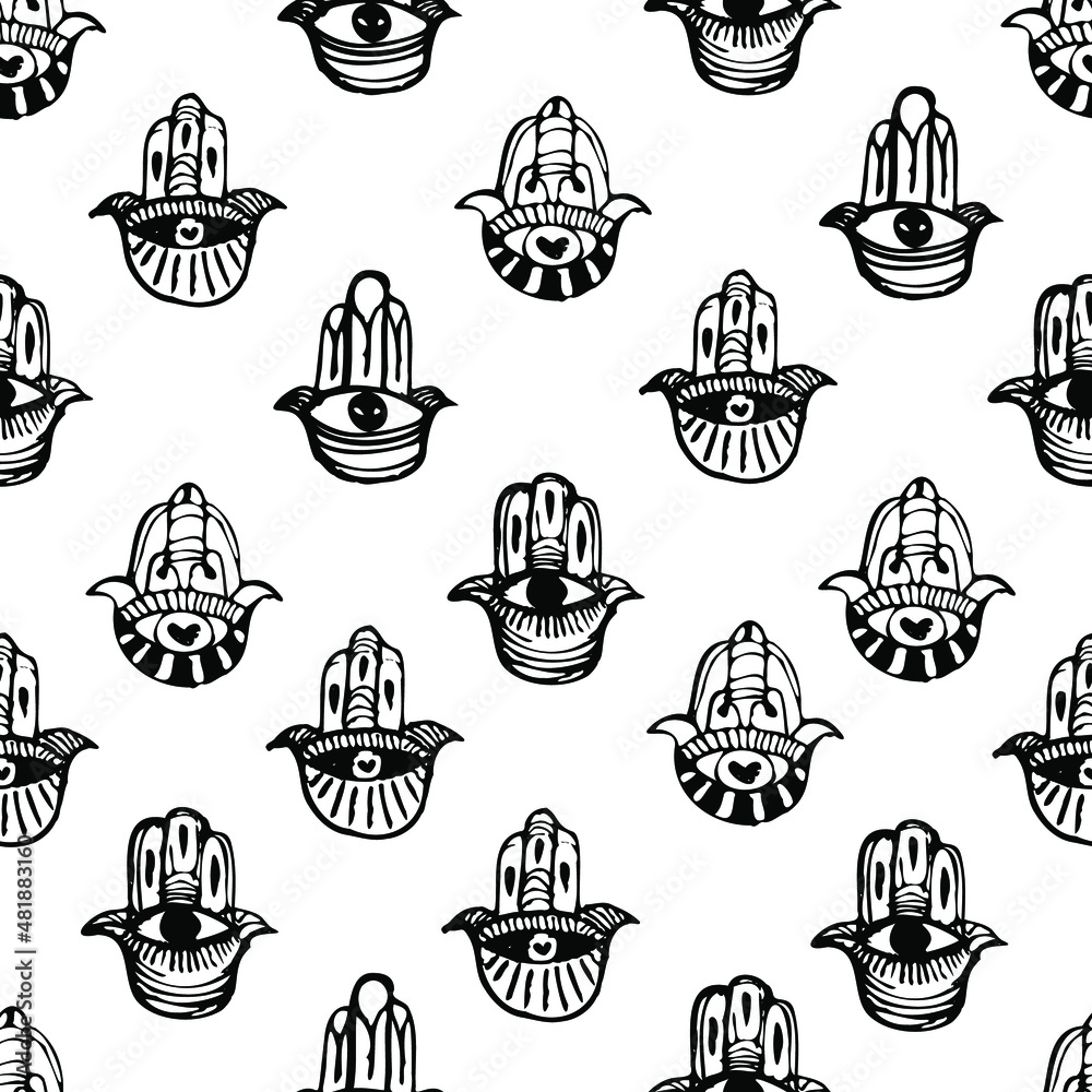 Seamless pattern with hamsa hand. Vector illustration in black color in the style of hand drow. Seamless pattern with hamsa hand. Vector illustration in black color in the style of hand drow.