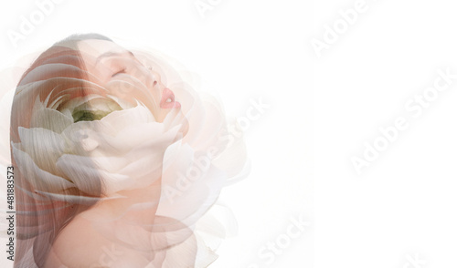 Double exposure made with a young Asian woman with healthy skin and a spring ranunculus flower. On an isolated white background with space to copy. High quality photo