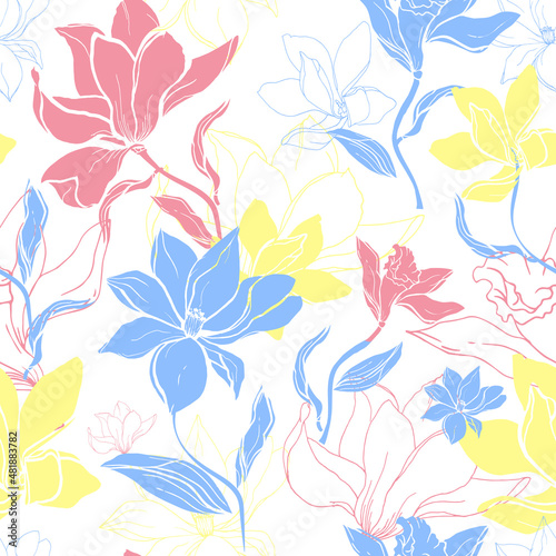 Light simple floral print, spring flowers on a white background seamless pattern.