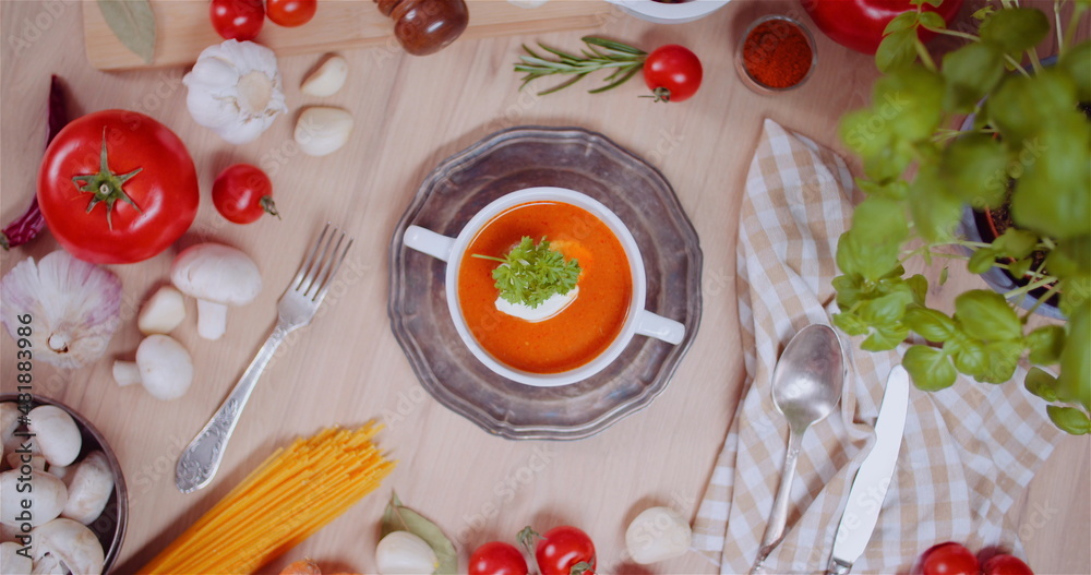 Fresh Food Ingredients On Wooden Table In Kitchen - obrazy, fototapety, plakaty 