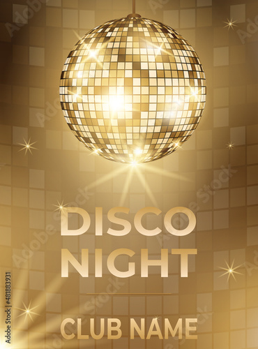 Night dance party music layout cover. Template background with disco ball. Light electro vector for music event concert disco, club poster