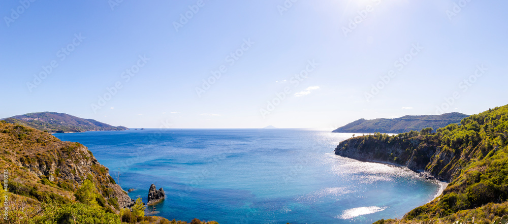 View over the sea and coast of Elba island in Italy with blue sky in summer