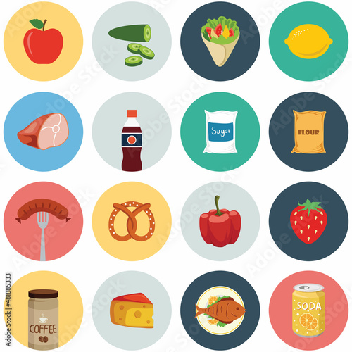 Online supermarket foods flat icons set of meat fish fruits and vegetables isolated illustration
