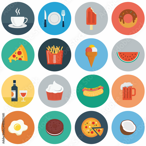 Online supermarket foods flat icons set of meat fish fruits and vegetables isolated illustration