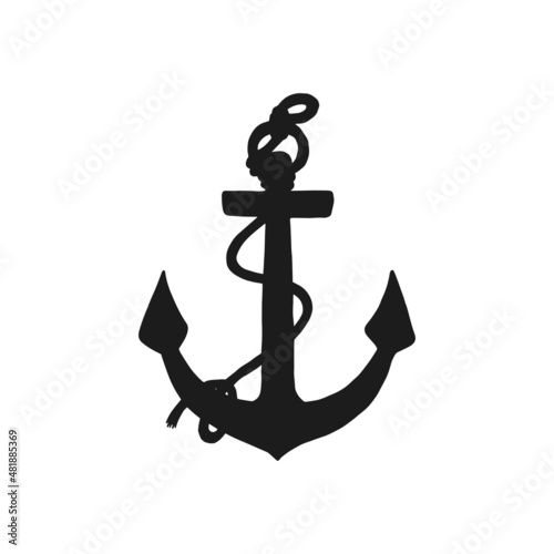 Silhouette of anchor with rope. Vector black white doodle sketch isolated illustration.